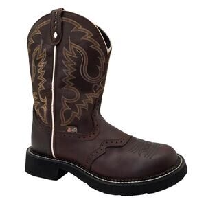 Justin Inji Brown Full Grain Leather Western Work Boots Steel Round Toe Women 9B